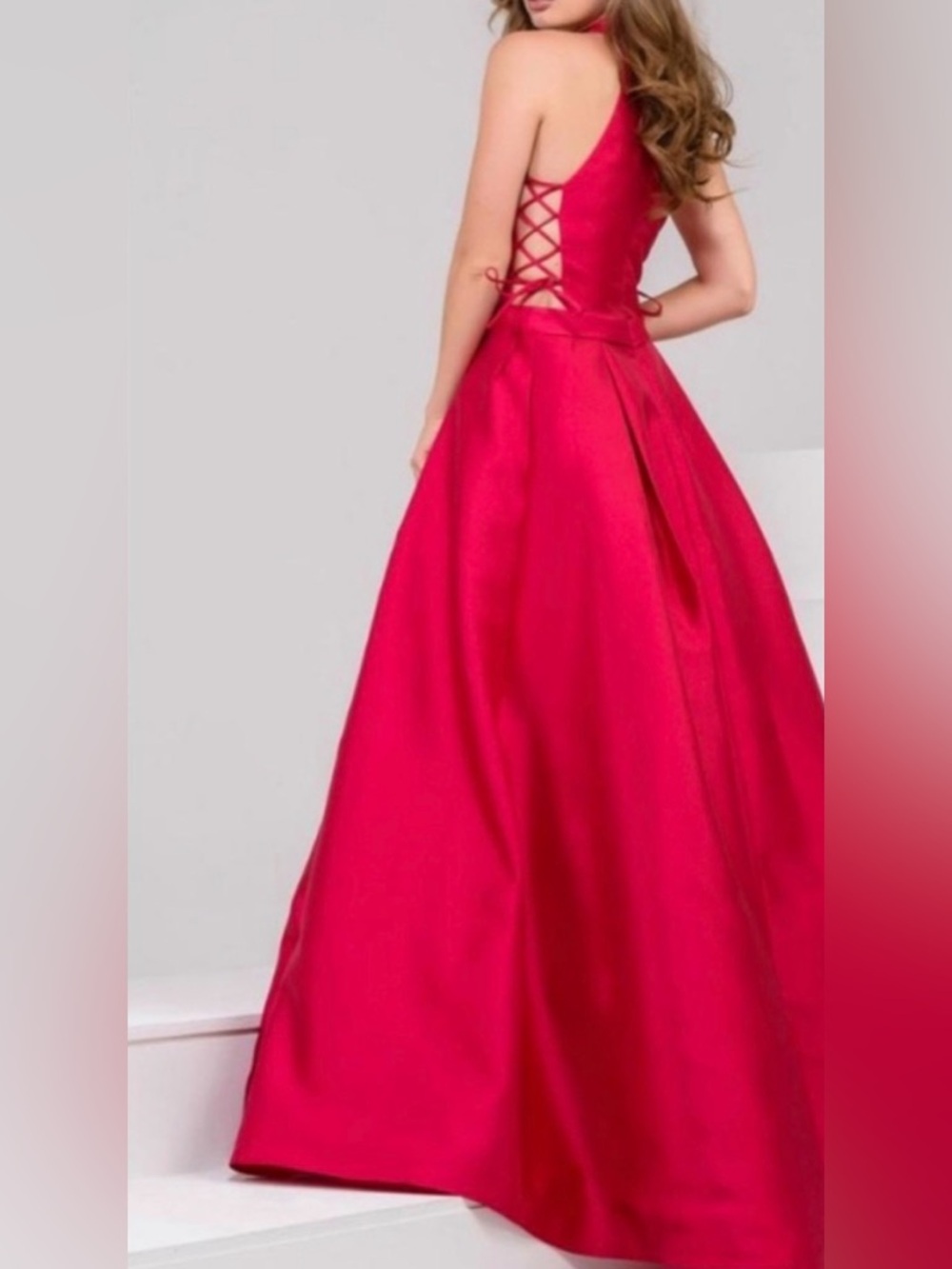 Jovani Red Satin Halter Ball Gown
